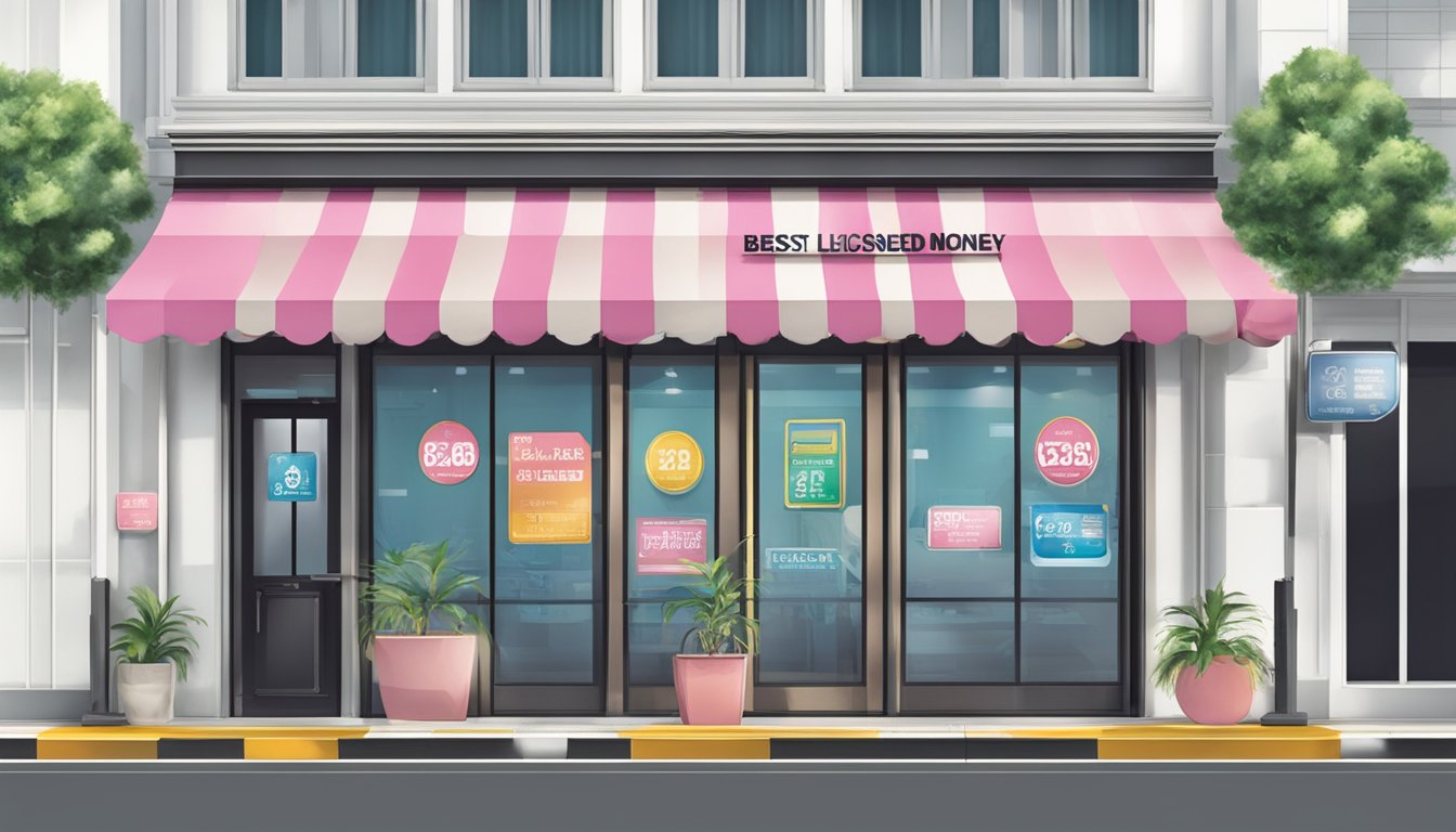 A signboard with the words "Best Licensed Money Lender" in Bras Basah, Singapore. The storefront is clean and professional, with a prominent license displayed