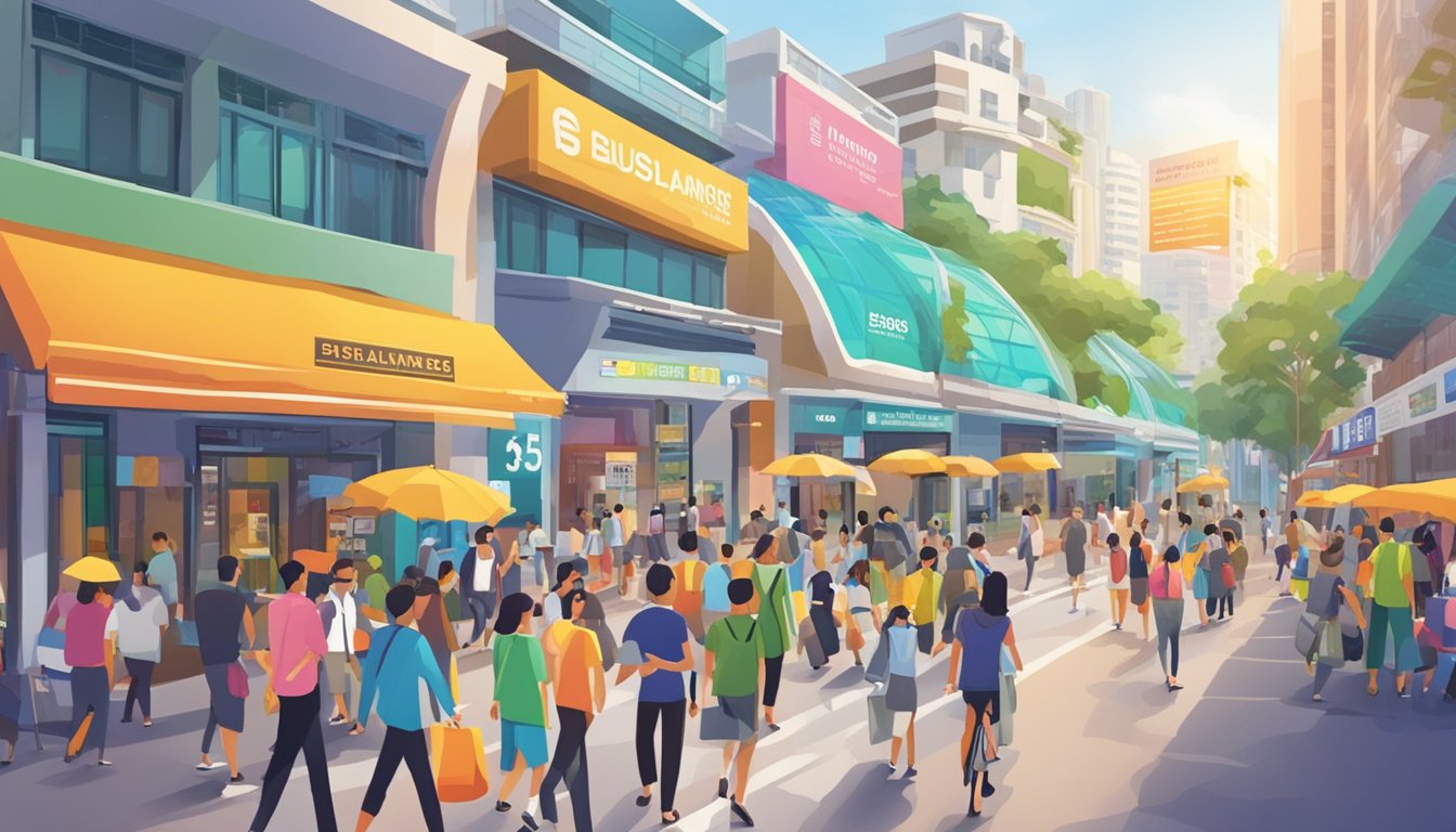 A bustling street near Esplanade, Singapore, with bright signage for licensed money lenders, surrounded by busy pedestrians and colorful buildings
