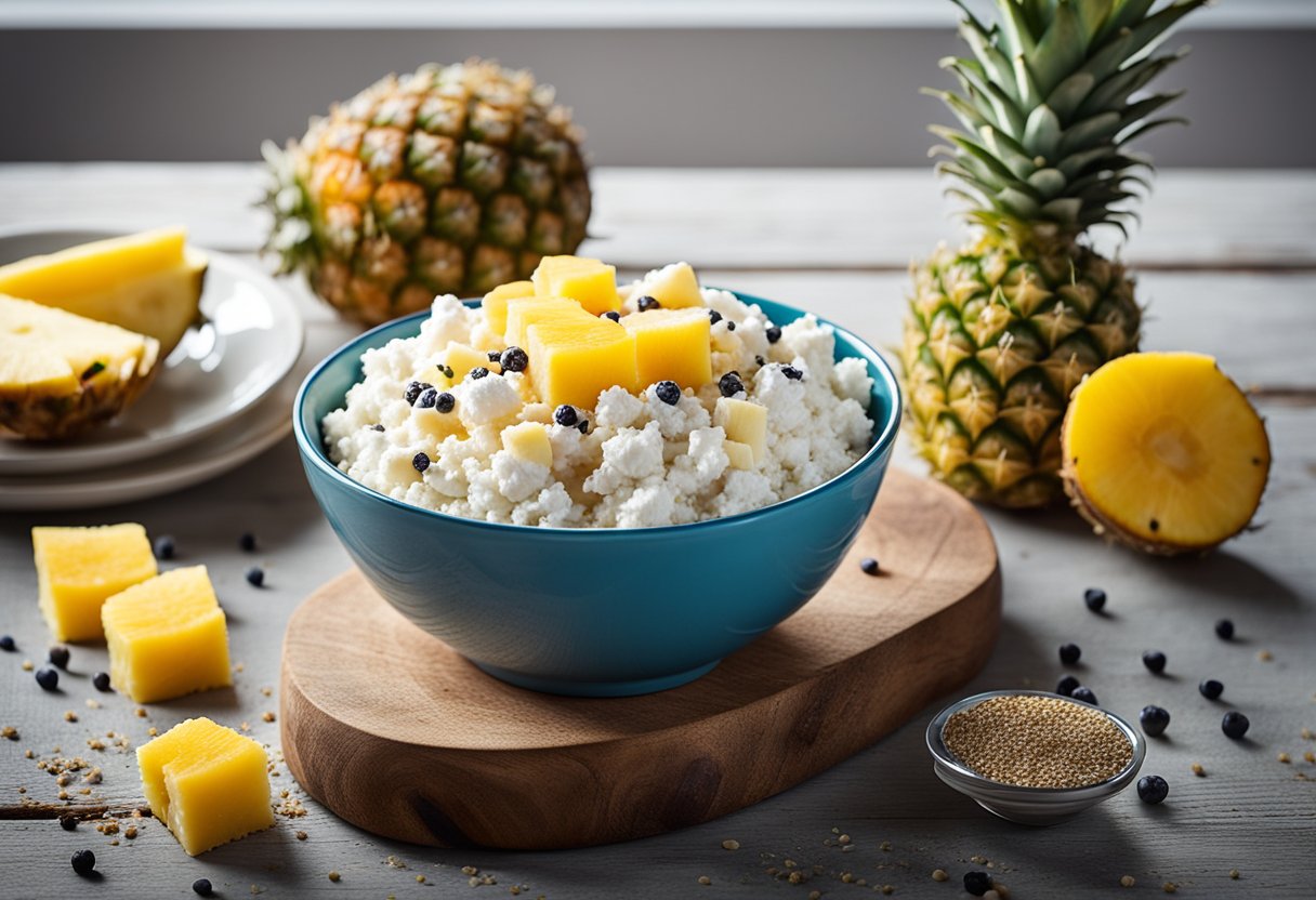 A bowl of cottage cheese with pineapple sits on a rustic wooden table, surrounded by a scattering of fresh fruit and a sprinkle of chia seeds