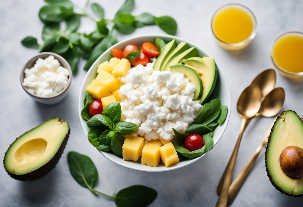 A bowl of cottage cheese with chunks of pineapple, surrounded by keto-friendly foods like avocados, nuts, and leafy greens