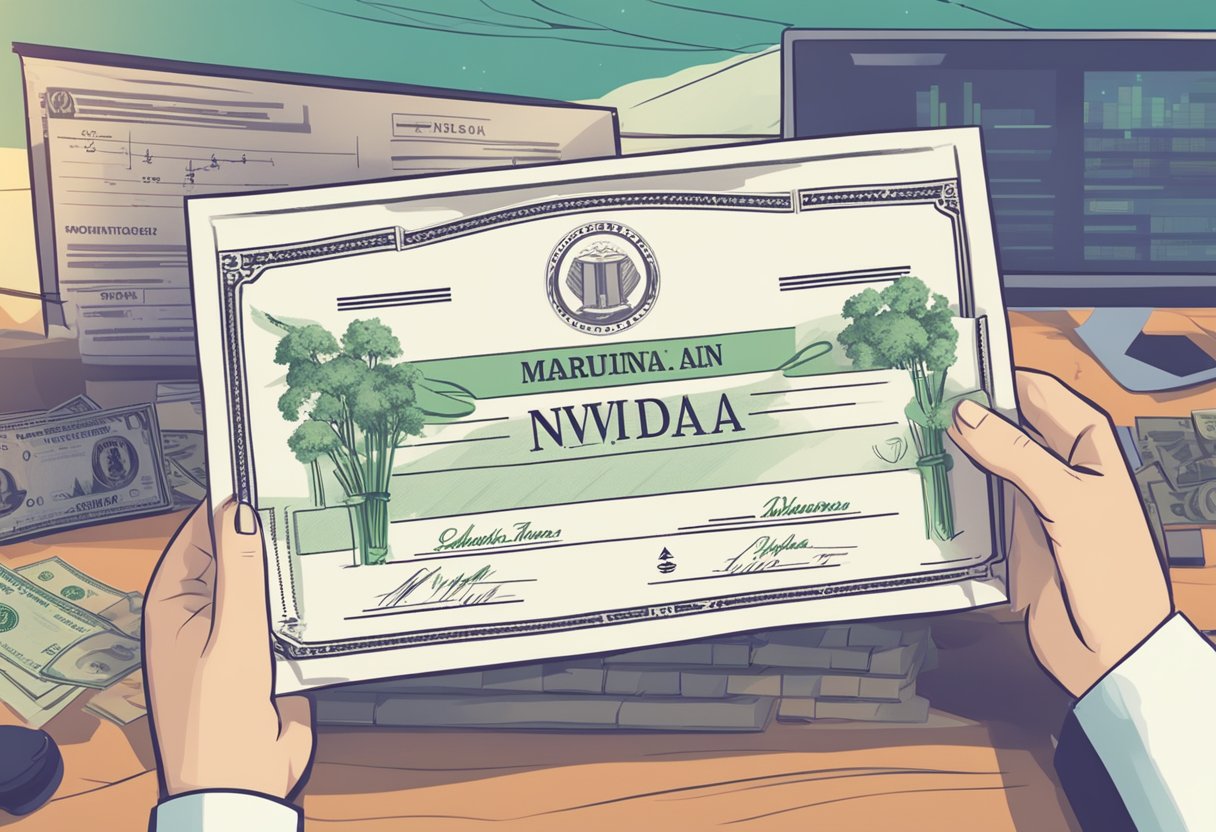 A hand holding a stock certificate with "NVDA" on it, surrounded by rising dollar signs and a growing chart in the background