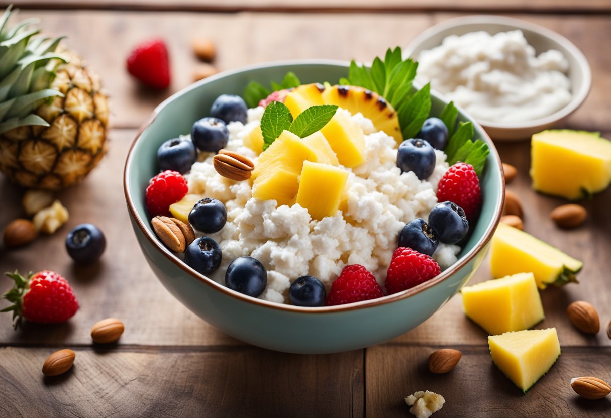 A bowl of cottage cheese with pineapple, surrounded by keto-friendly ingredients like nuts and berries