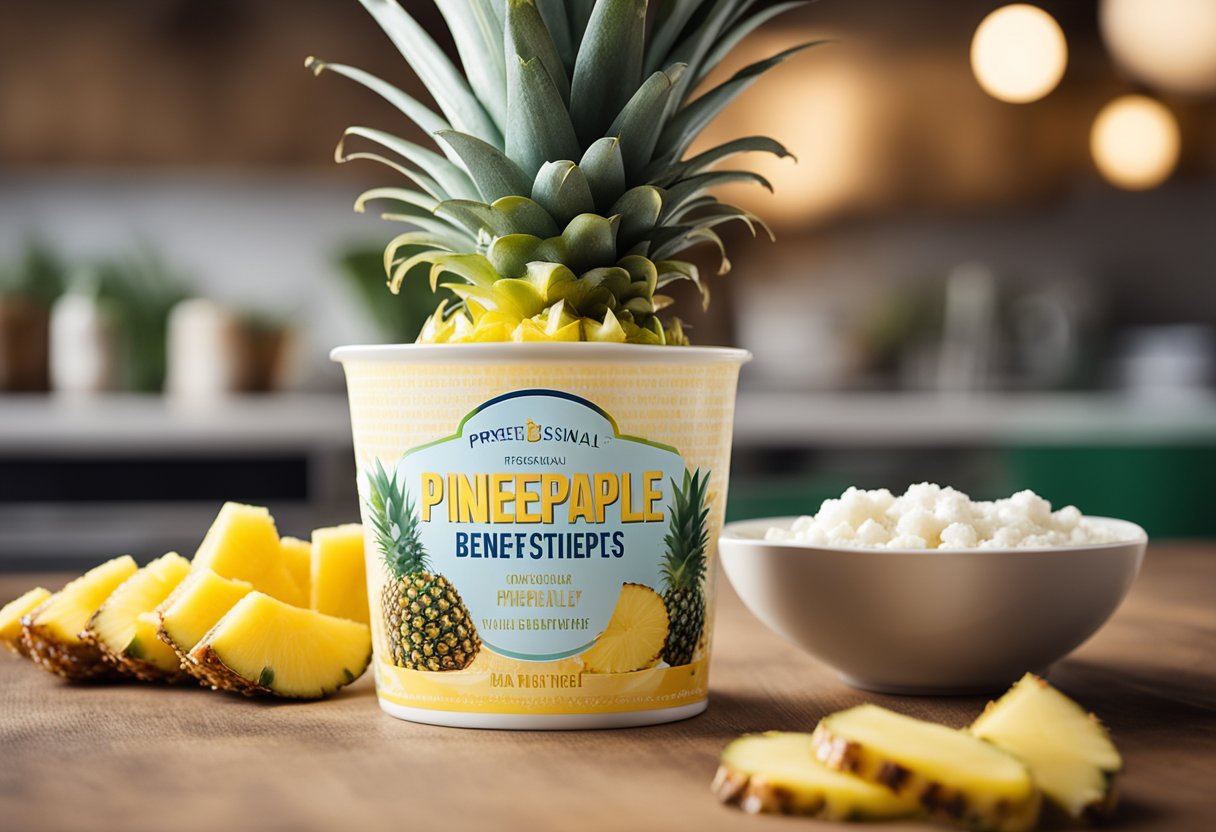 A bowl of cottage cheese with pineapple, surrounded by vibrant pineapple slices and a sign reading "Health Benefits of Pineapple."