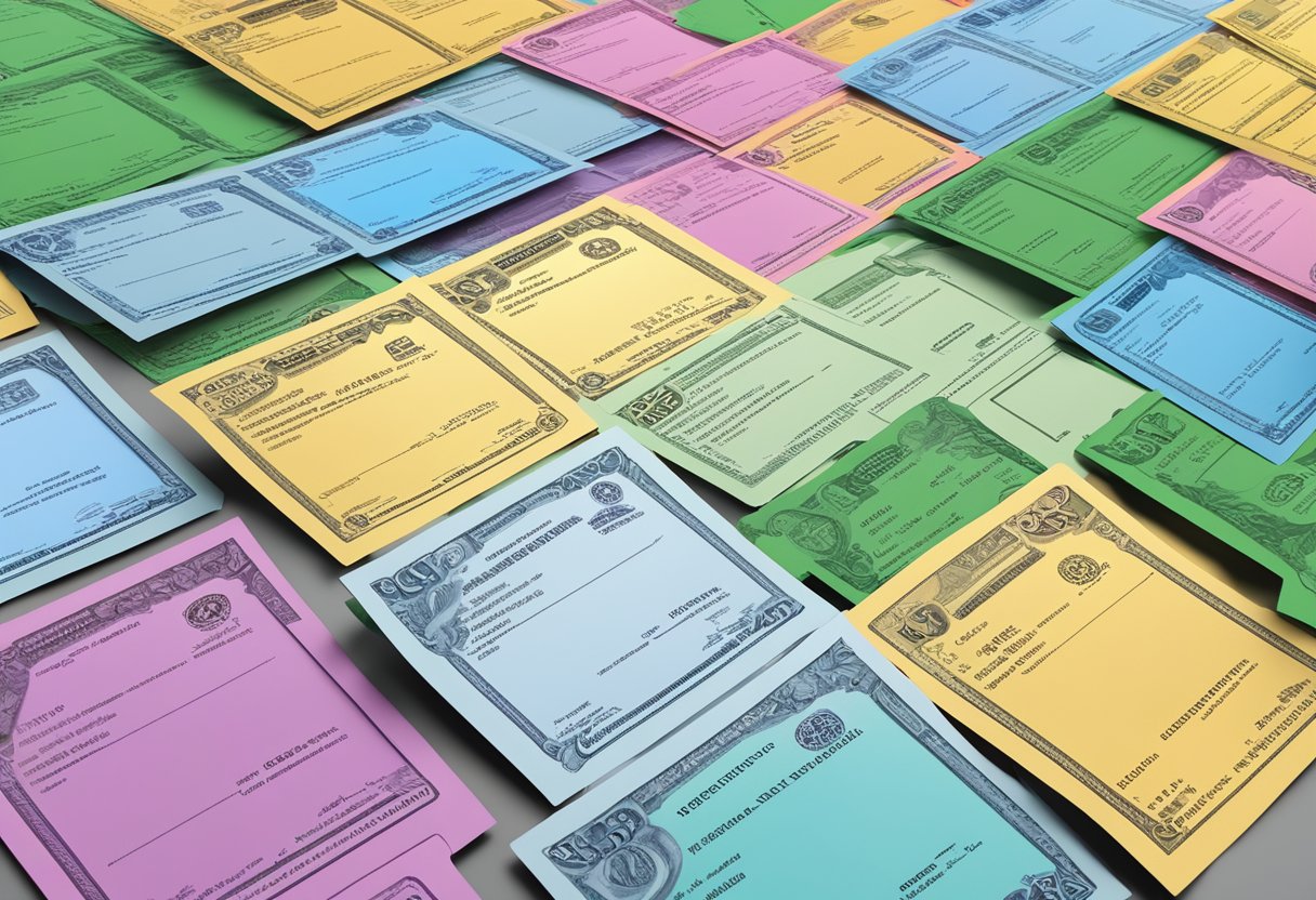 A stack of NVDA stock certificates surrounded by rising dividend payment symbols