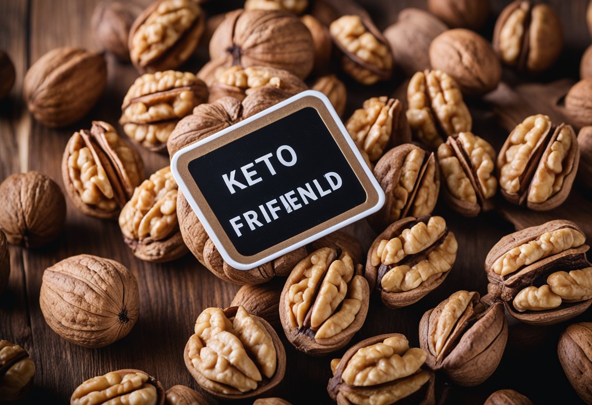 A pile of walnuts sits on a wooden table with a keto-friendly label next to it