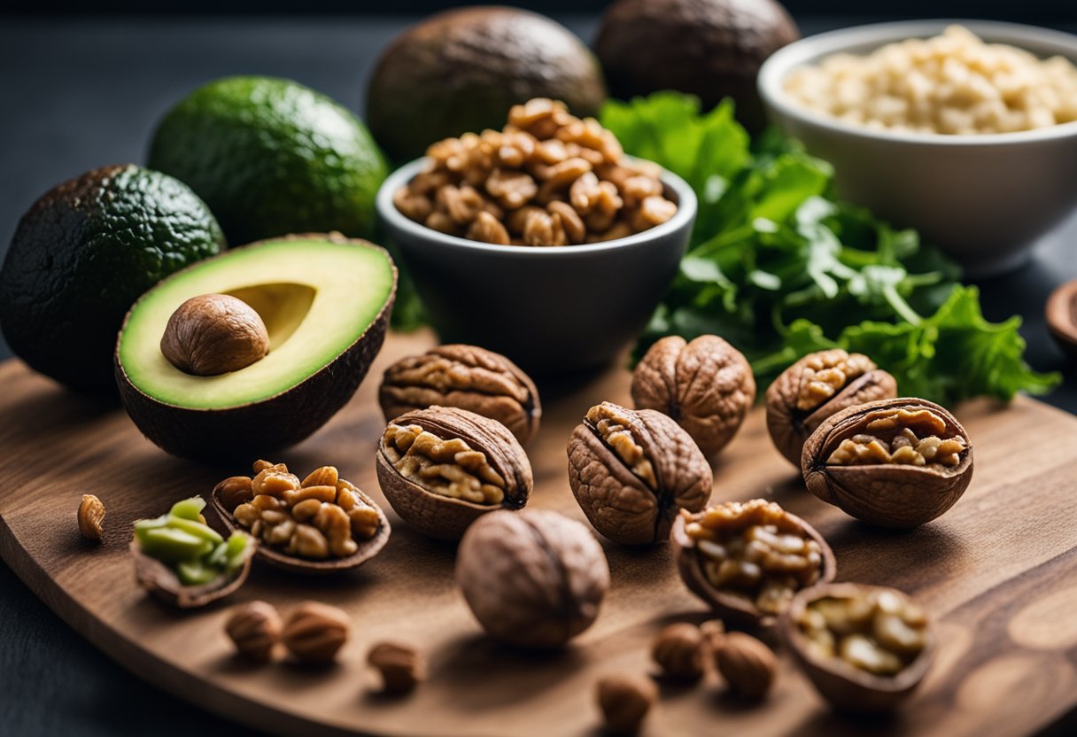 A pile of walnuts sits on a wooden cutting board, surrounded by a variety of keto-friendly foods such as avocados, leafy greens, and lean meats