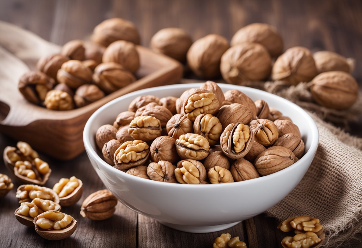 A bowl of walnuts with a sign "Keto-friendly" and a nutritional profile chart in the background