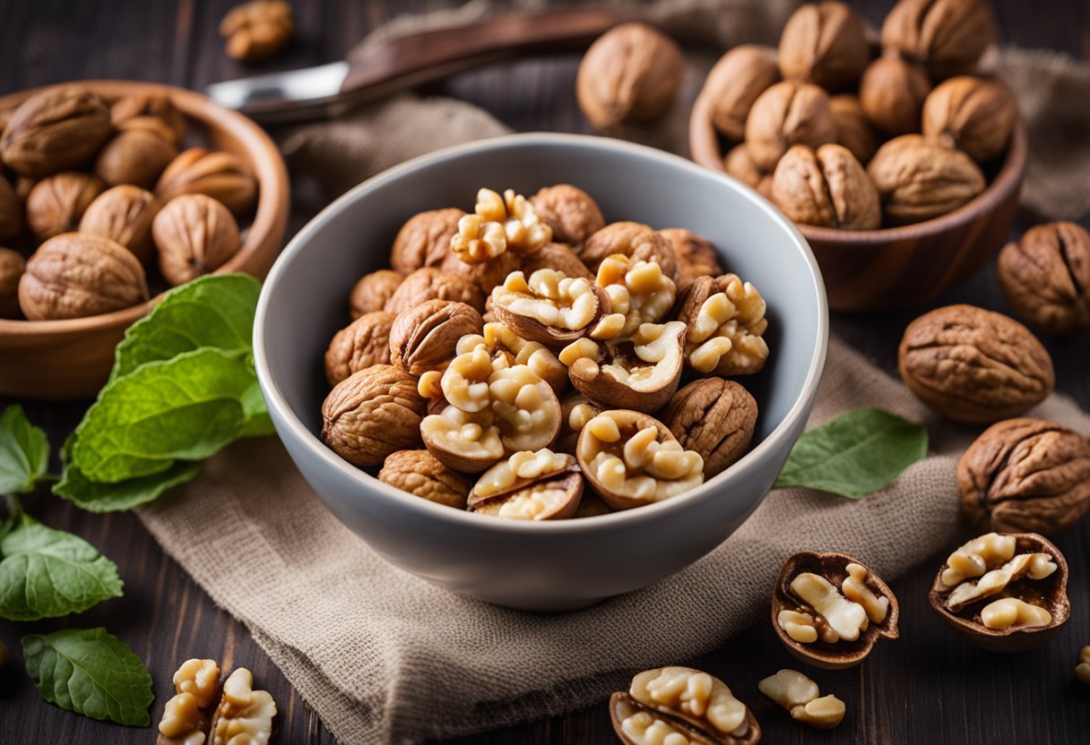 A bowl of walnuts surrounded by keto-friendly foods, with a banner reading "Benefits of Walnuts on a Keto Diet" above