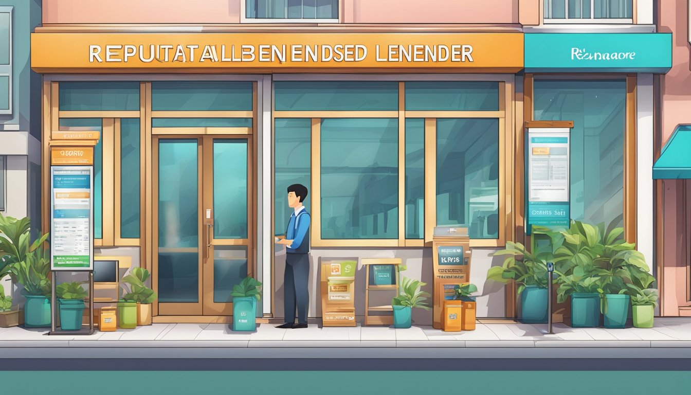 A signboard with "Reputable Licensed Money Lender" near Esplanade, Singapore. Bright and professional storefront with clear signage