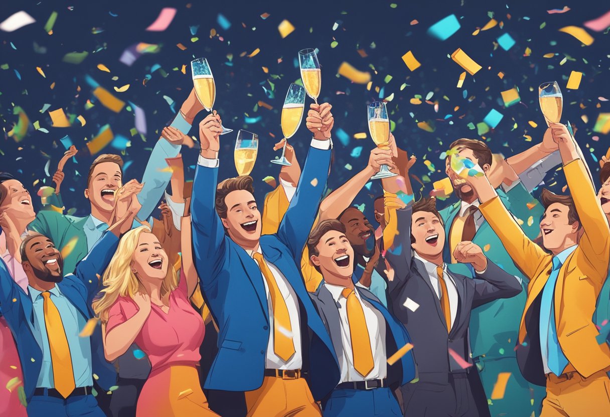 A group of investors celebrating as a stock price splits, with confetti falling and champagne popping in the background