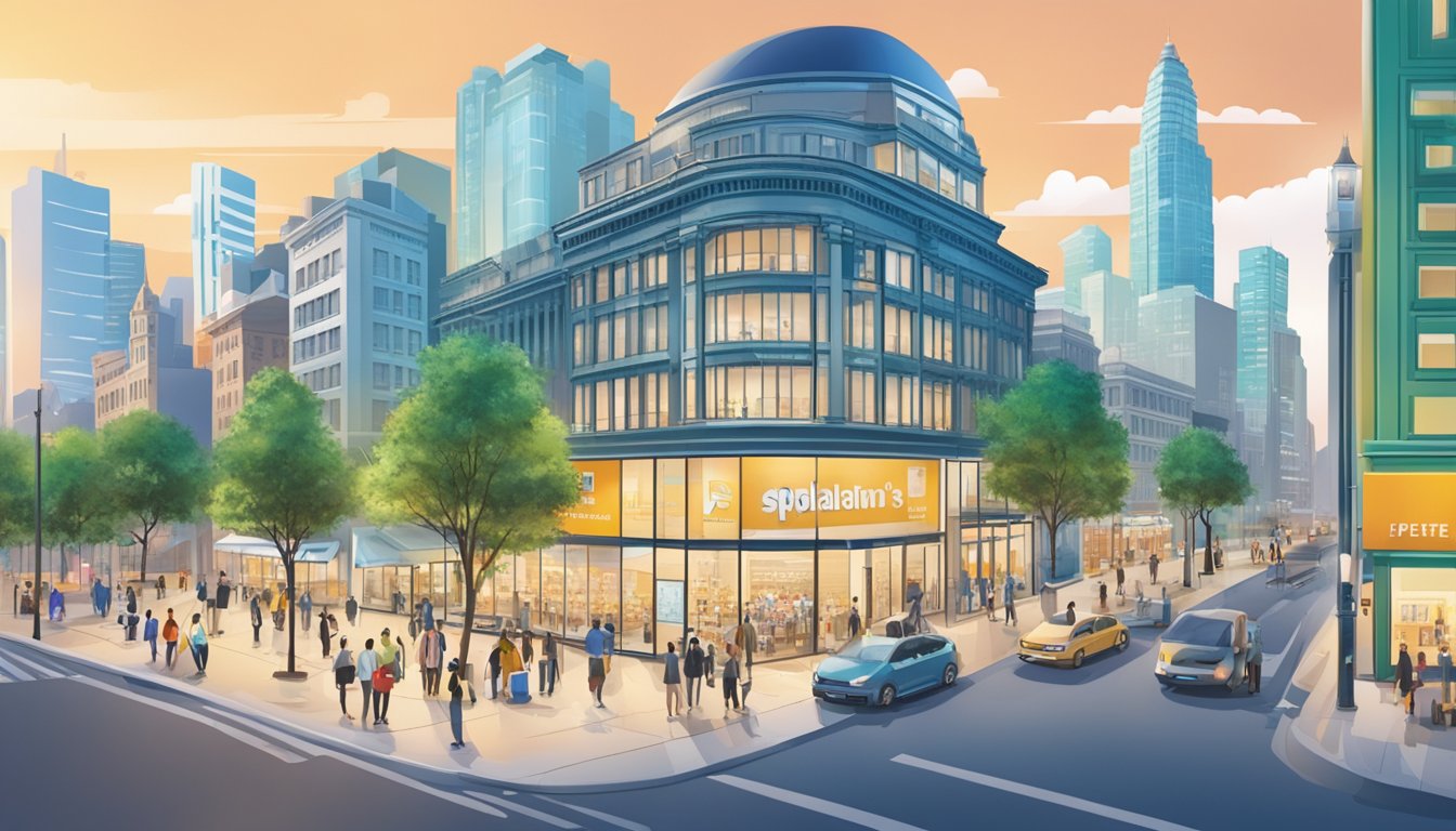 A bustling cityscape with the iconic Esplanade in the background, showcasing a prominent licensed money lender's storefront with clear signage and a steady flow of customers