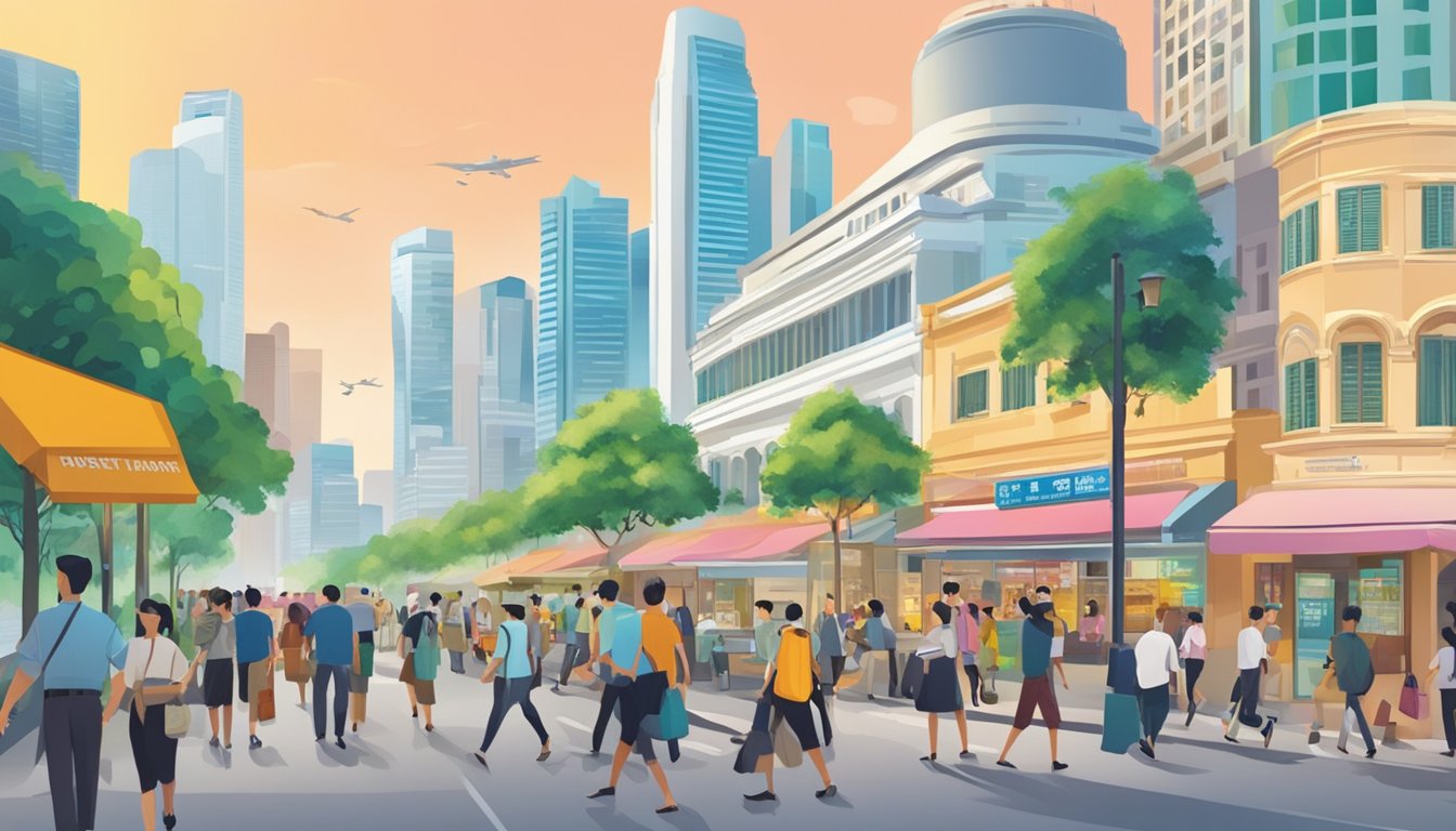 A bustling street near Esplanade, Singapore, with a prominent sign for a licensed money lender. People walking by and a vibrant cityscape in the background