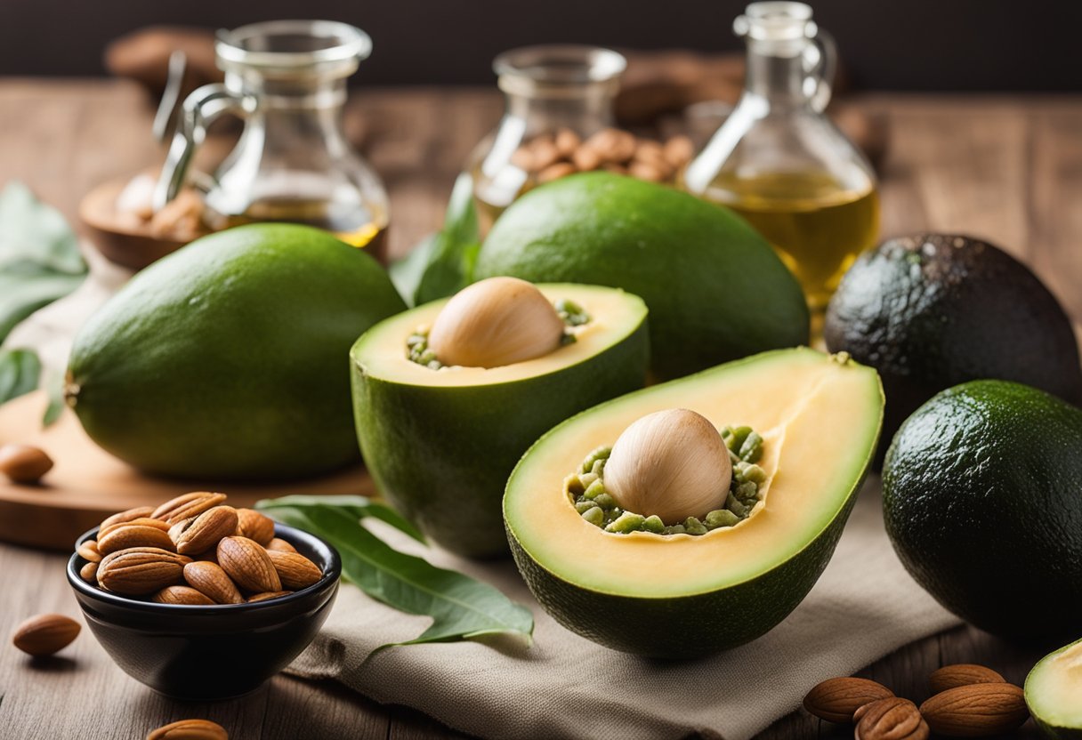 A green papaya surrounded by low-carb, high-fat keto-friendly ingredients like avocados, nuts, and olive oil