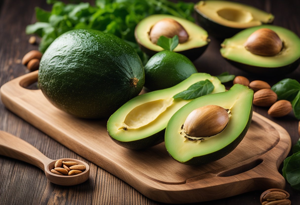 A vibrant green papaya sits on a wooden cutting board, surrounded by various keto-friendly ingredients like avocado, nuts, and leafy greens