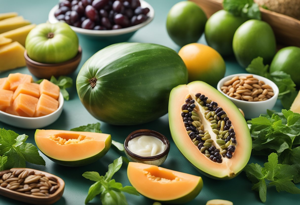 A vibrant green papaya surrounded by keto-friendly food items, with a nutrition label showing low net carbs and high fiber content