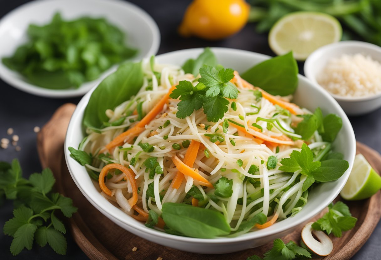 A bowl of green papaya salad with keto-friendly ingredients, surrounded by vibrant herbs and spices