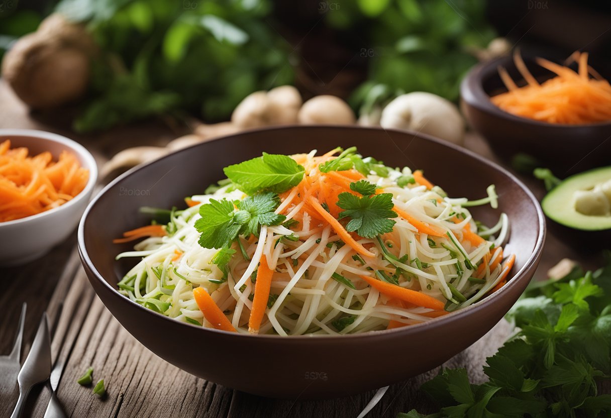 A bowl of green papaya salad sits on a wooden table, surrounded by fresh ingredients like shredded papaya, carrots, and herbs. A fork rests on the side, ready to be used