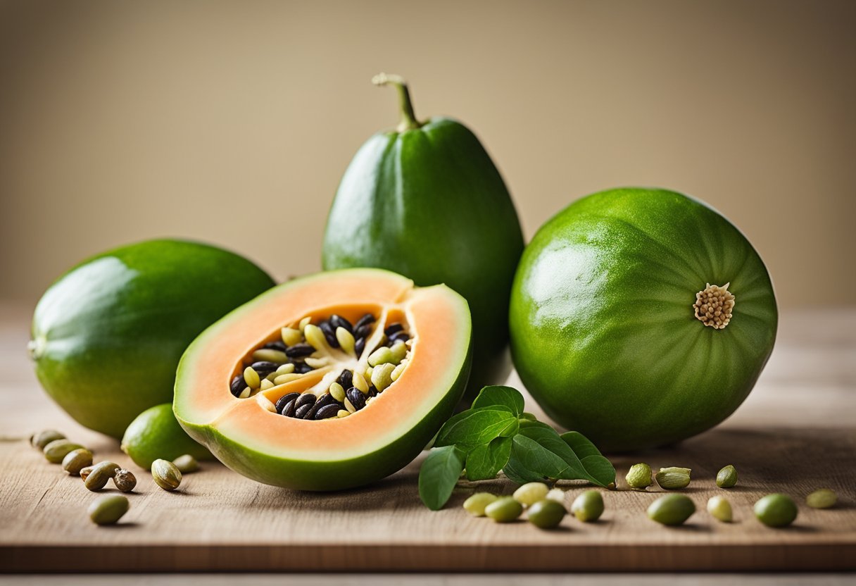 A green papaya with a cut section revealing its seeds and white flesh, surrounded by ingredients like lime, chili, and fish sauce