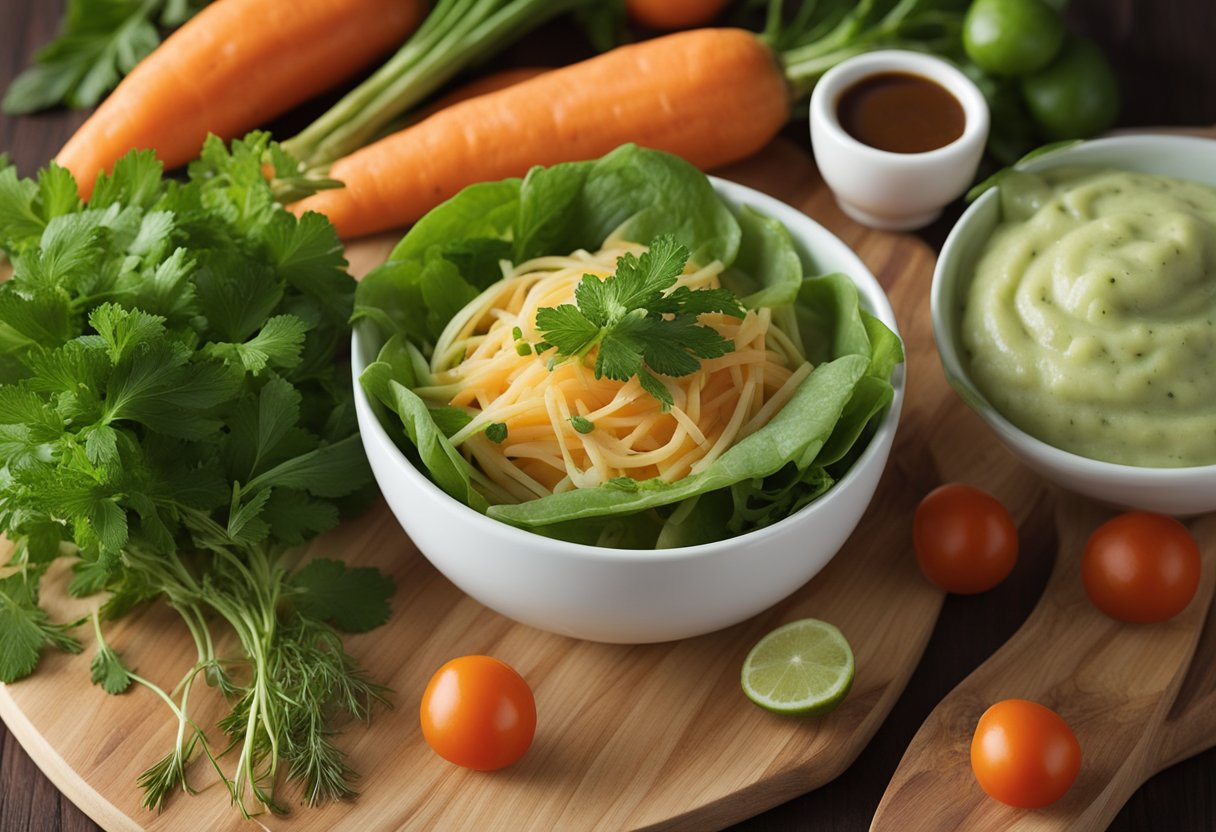 Green papaya, carrots, tomatoes, and herbs are arranged on a wooden cutting board, with a bowl of dressing nearby