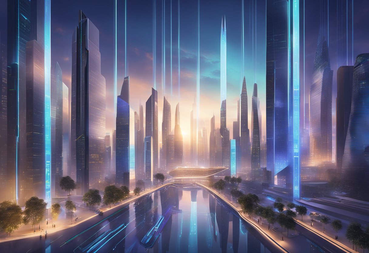 A futuristic city skyline with digital displays showing NVDA stock prices for 2025. The buildings are sleek and modern, with holographic projections of financial data floating in the air