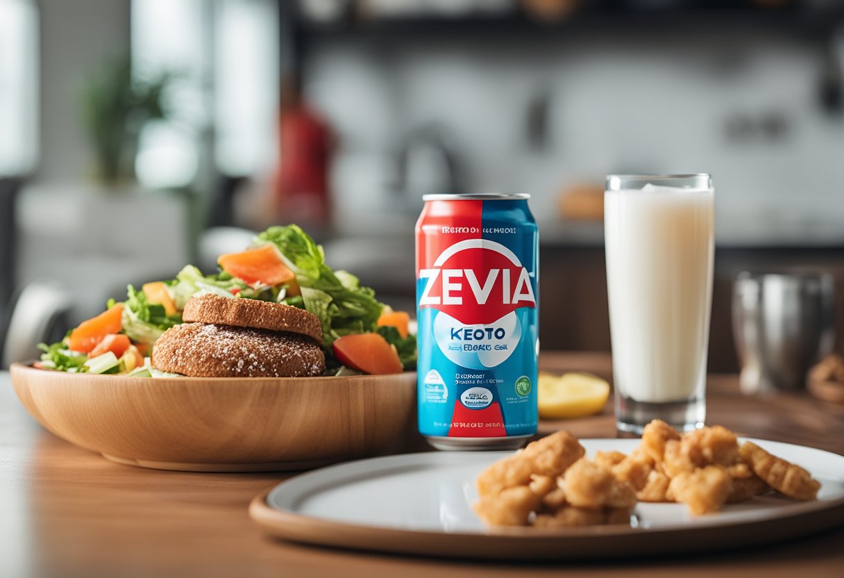 A can of Zevia soda sits next to a plate of keto-friendly snacks, with a keto diet book in the background