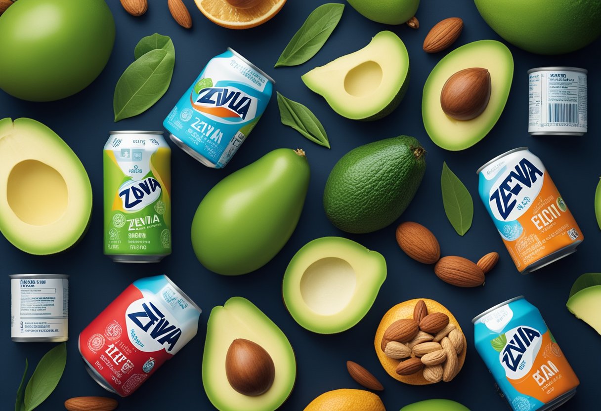 A can of Zevia soda surrounded by low-carb and keto-friendly ingredients like avocados, nuts, and leafy greens