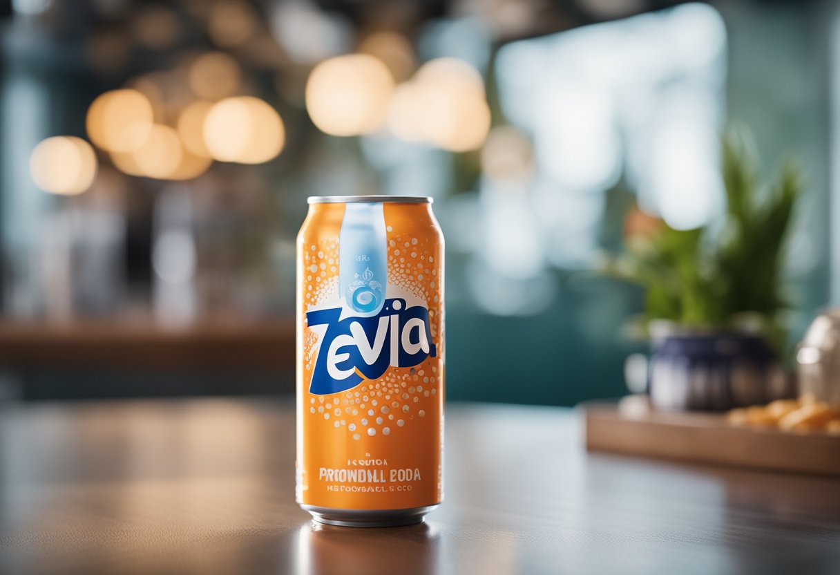 A can of Zevia soda sits on a table next to a glass filled with ice. The label prominently displays "keto-friendly" while the soda bubbles inside