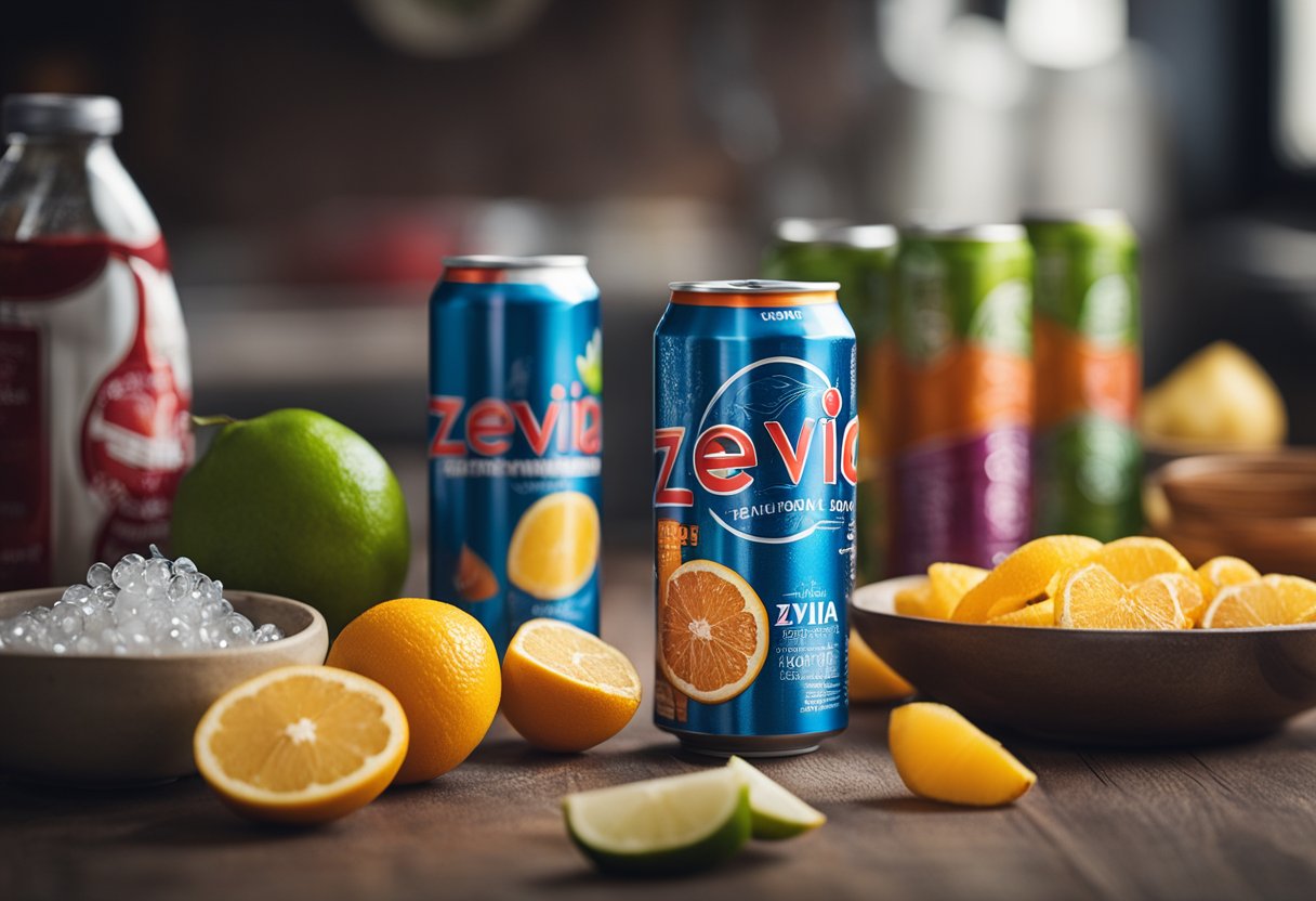 A table with Zevia soda cans, surrounded by various ingredients being analyzed