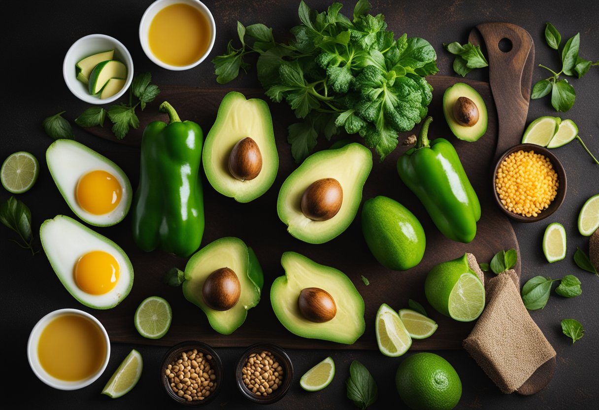 A green pepper surrounded by keto-friendly foods like avocado, eggs, and cheese