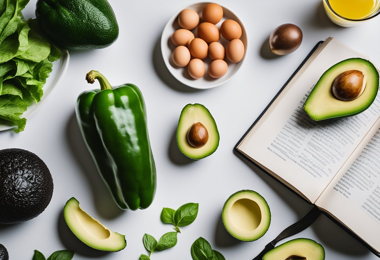 A green pepper surrounded by keto-friendly foods like avocados and eggs, with a "What Is the Keto Diet?" book in the background