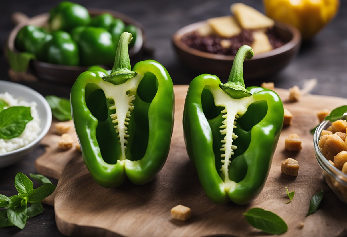 A vibrant green pepper surrounded by keto-friendly foods, with a nutritional label showing low carbs and high fiber