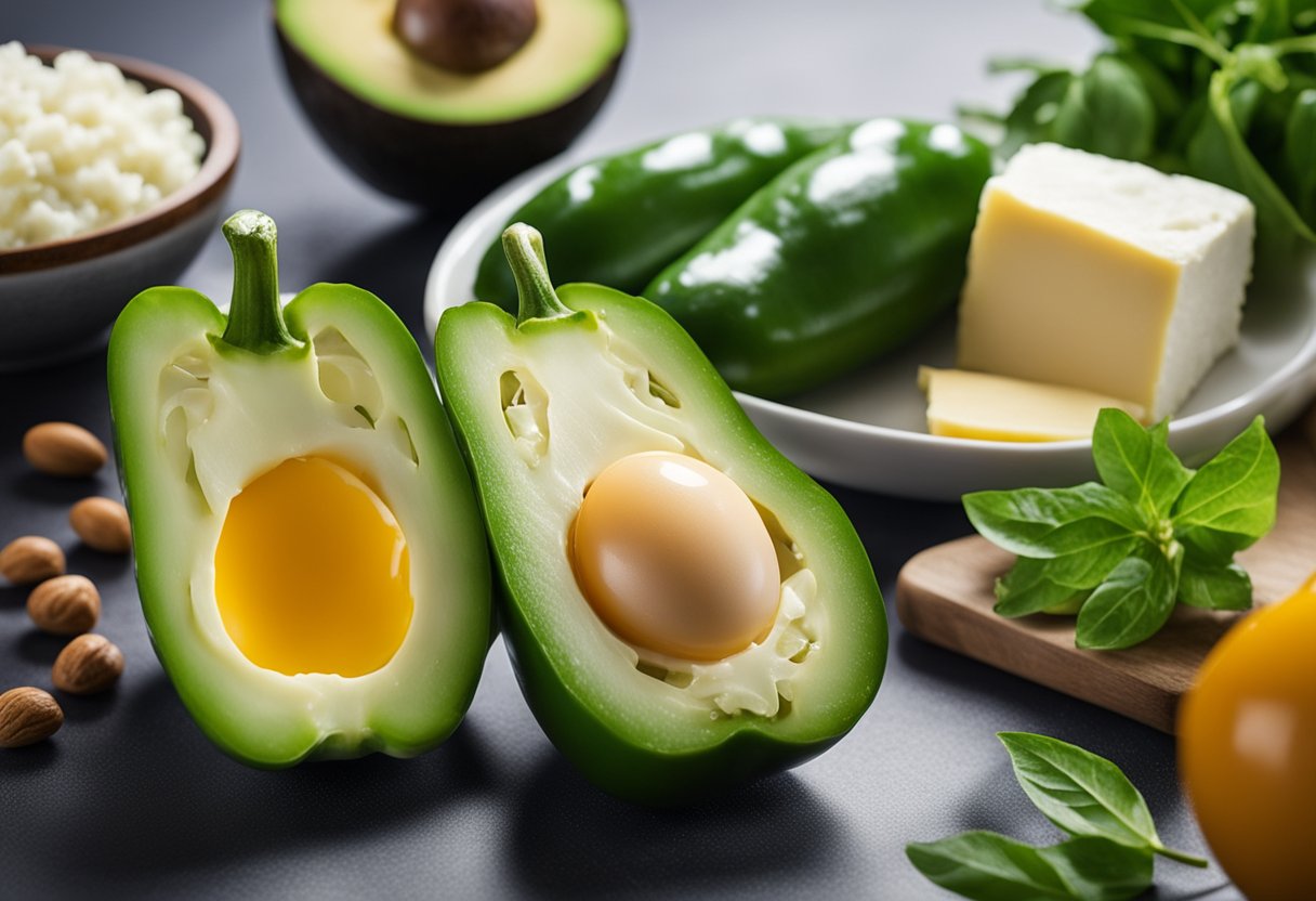 A vibrant green pepper surrounded by keto-friendly foods like avocado, eggs, and cheese, with a keto-friendly label in the background