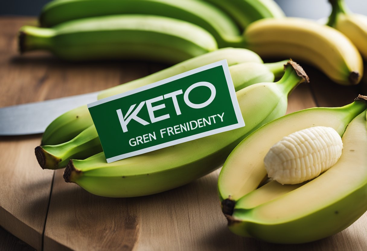 A bunch of green bananas next to a keto-friendly label