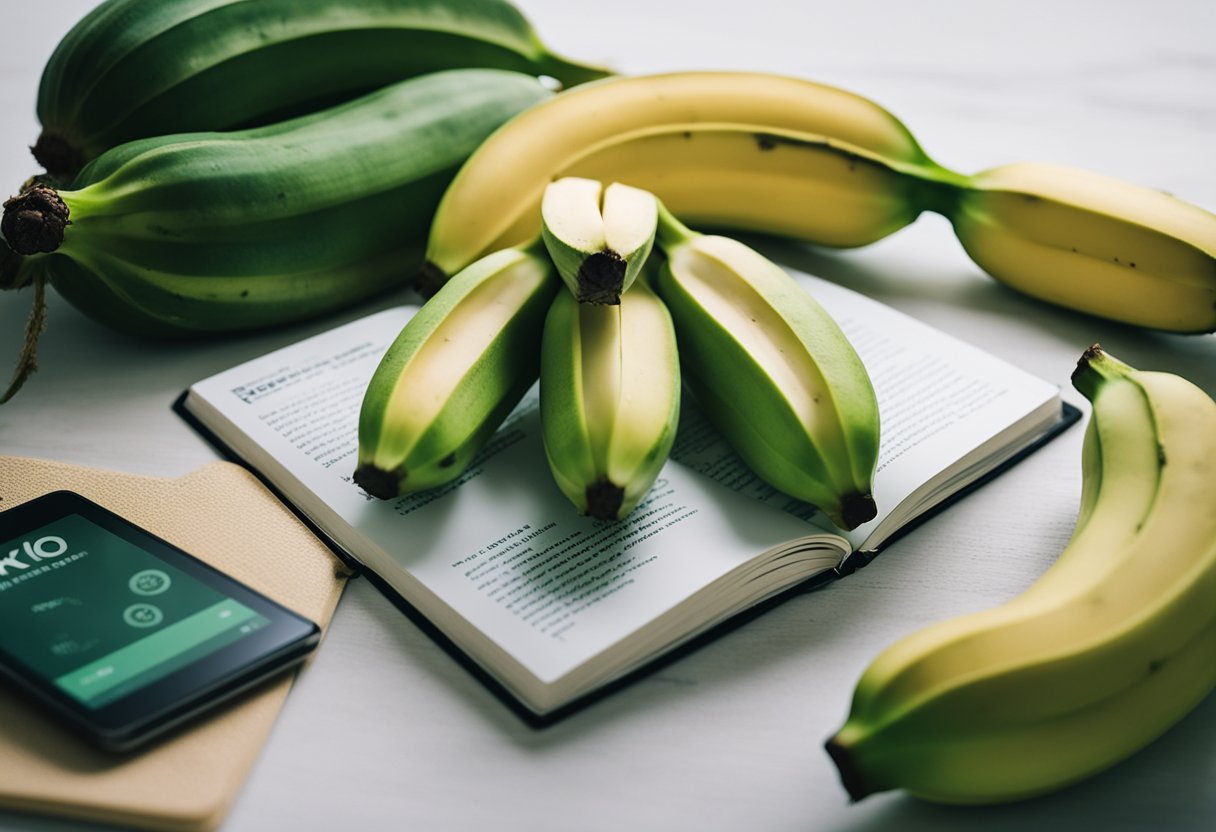 A bunch of green bananas placed next to a keto diet guidebook