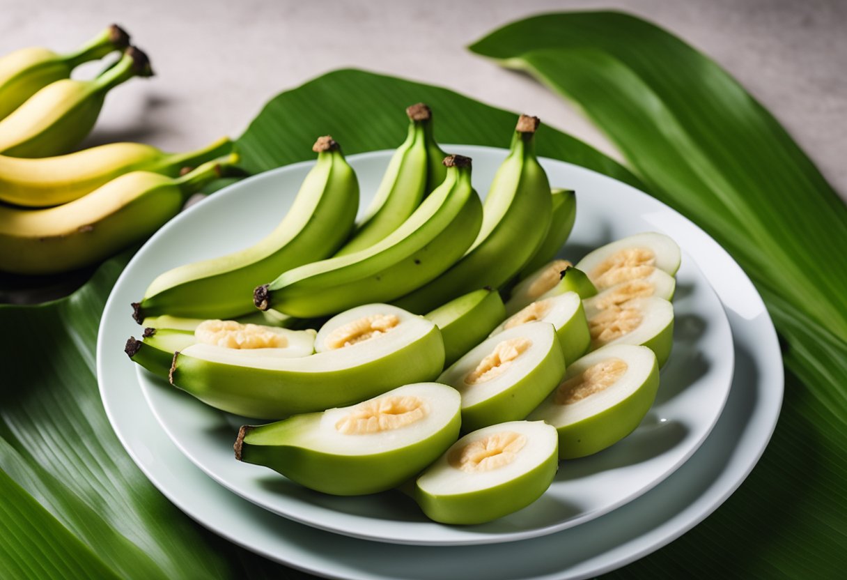 Green bananas arranged on a plate with a keto-friendly label