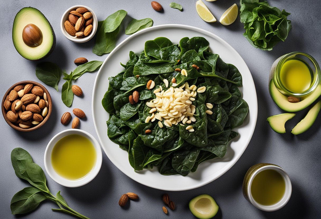 A plate of collard greens surrounded by low-carb ingredients like avocado, olive oil, and nuts, with a keto-friendly label