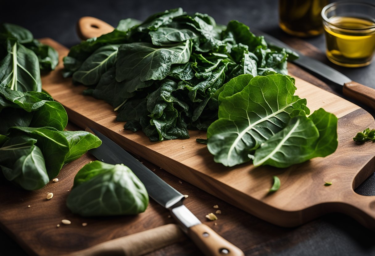 A bunch of fresh collard greens on a cutting board with a knife, surrounded by keto-friendly ingredients like olive oil and garlic