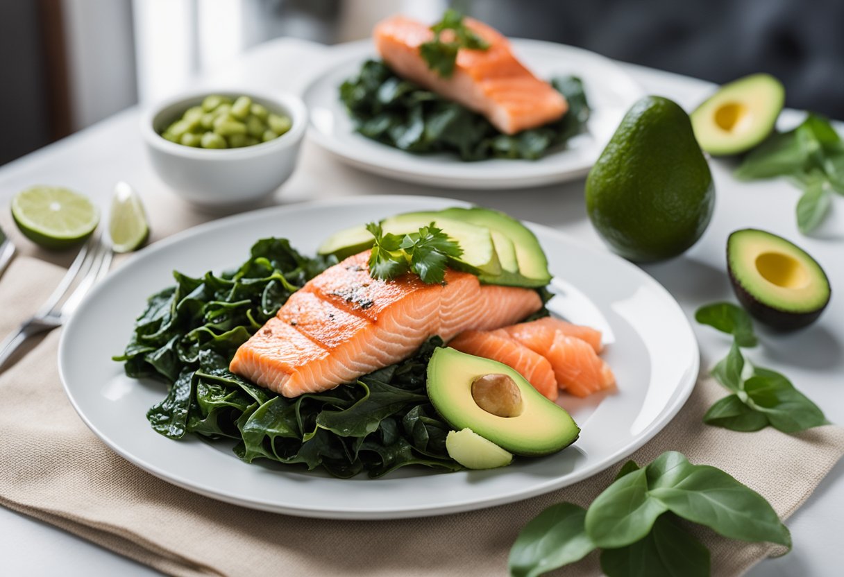 A plate of collard greens, avocado, and salmon on a table with a keto diet book in the background