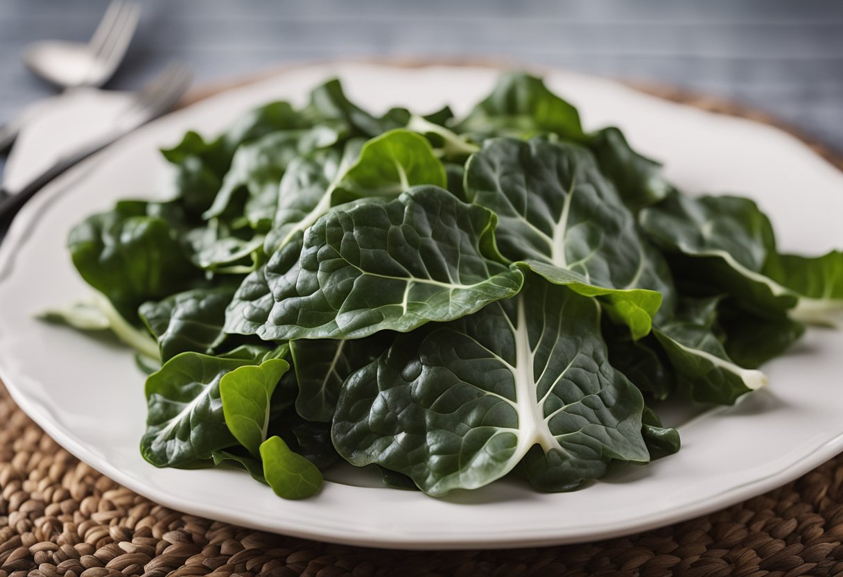 A plate of collard greens with a nutritional label and a keto-friendly symbol