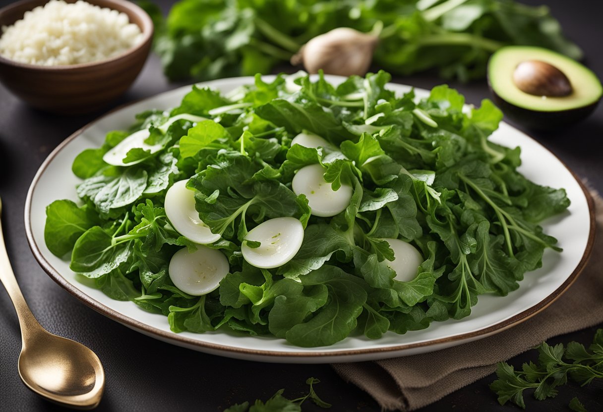 A pile of fresh turnip greens on a clean white plate, surrounded by low-carb, keto-friendly ingredients like olive oil, garlic, and avocado