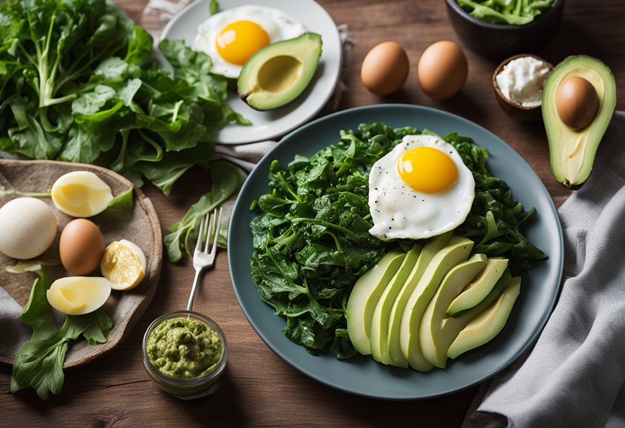 A plate of turnip greens surrounded by keto-friendly foods like avocados and eggs, with a "Keto Diet Basics" book in the background