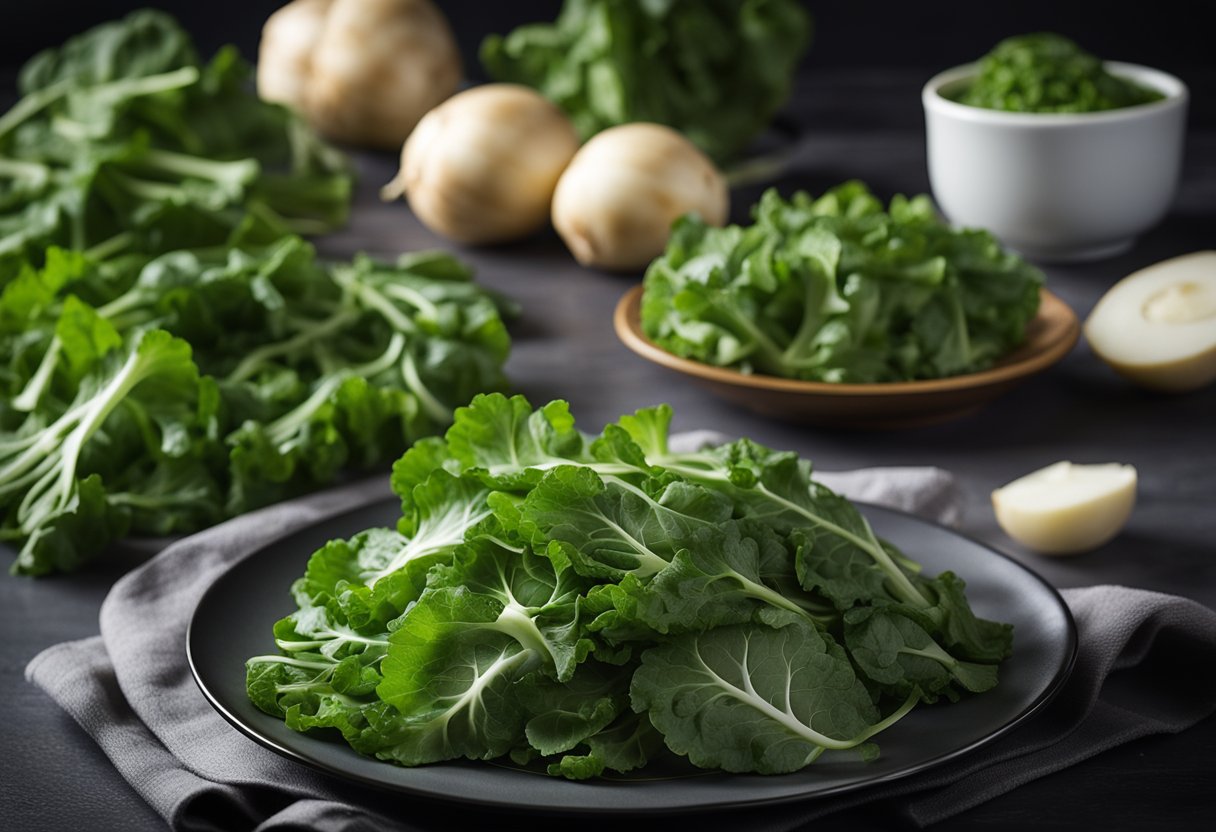 A pile of turnip greens arranged on a plate, with a nutrition label next to it, indicating its keto-friendly status