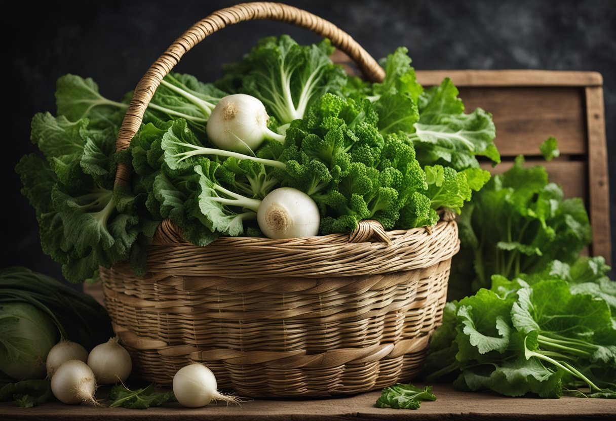 A bountiful pile of vibrant turnip greens, freshly harvested and overflowing from a rustic basket, with a sign proclaiming their health benefits and keto-friendly nature