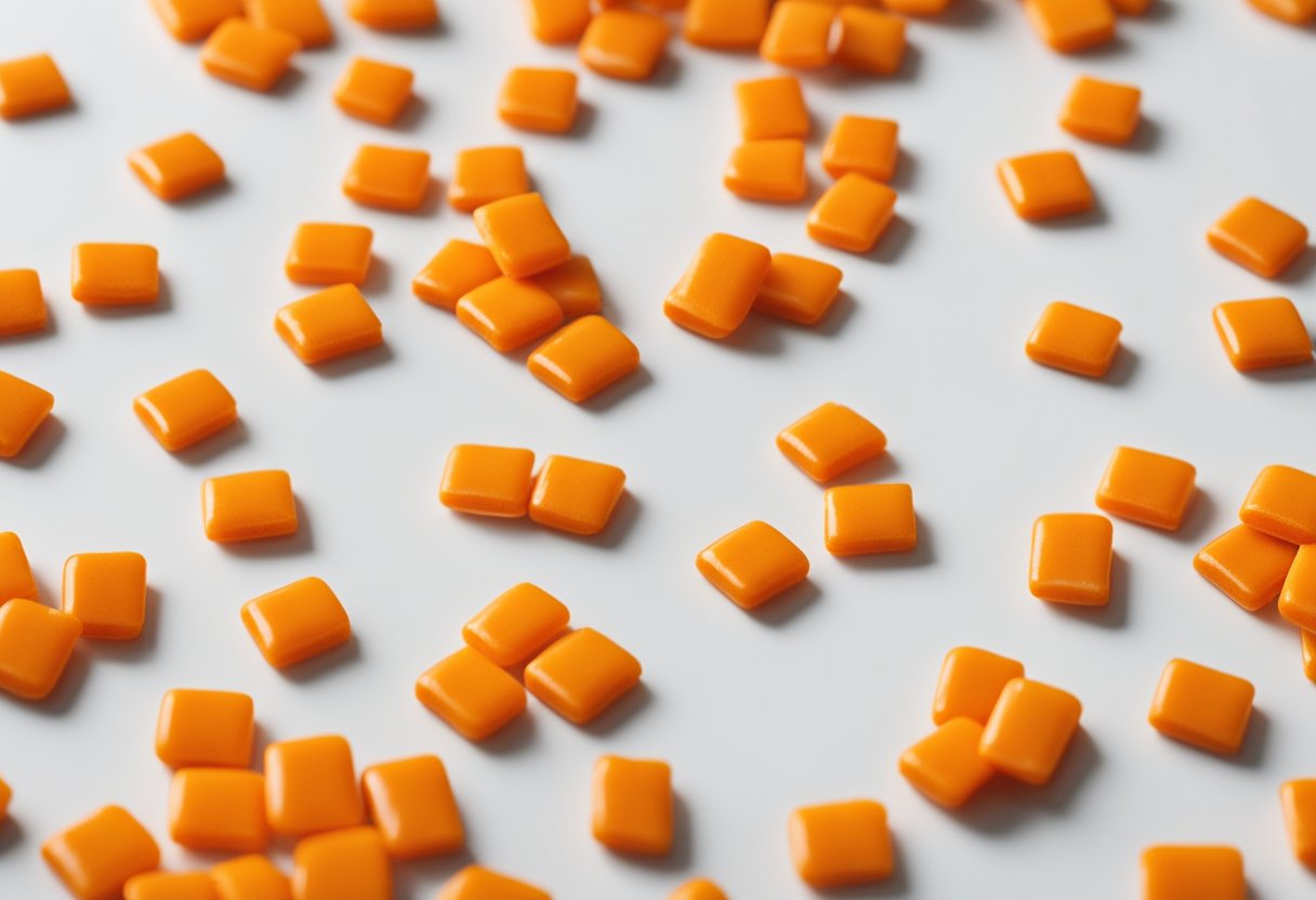 A pile of orange tic tacs sits on a clean, white surface, with a few loose ones scattered around