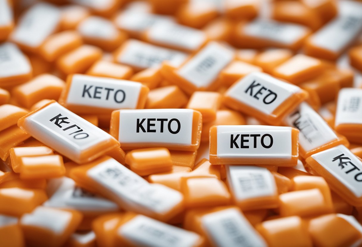 A pile of orange tic tacs on a clean, white surface with a clear label reading "Keto friendly" in bold letters