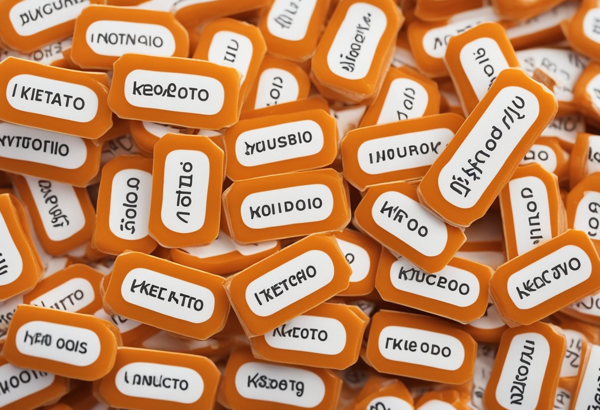 A pile of orange Tic Tacs arranged on a white surface, with a label showing the nutritional profile and a "keto-friendly" designation