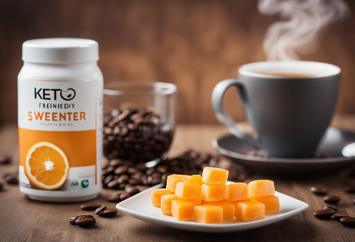 A bowl of orange tic tacs next to a steaming cup of coffee, with a sign reading "Keto-Friendly Sweetener Alternatives" in the background