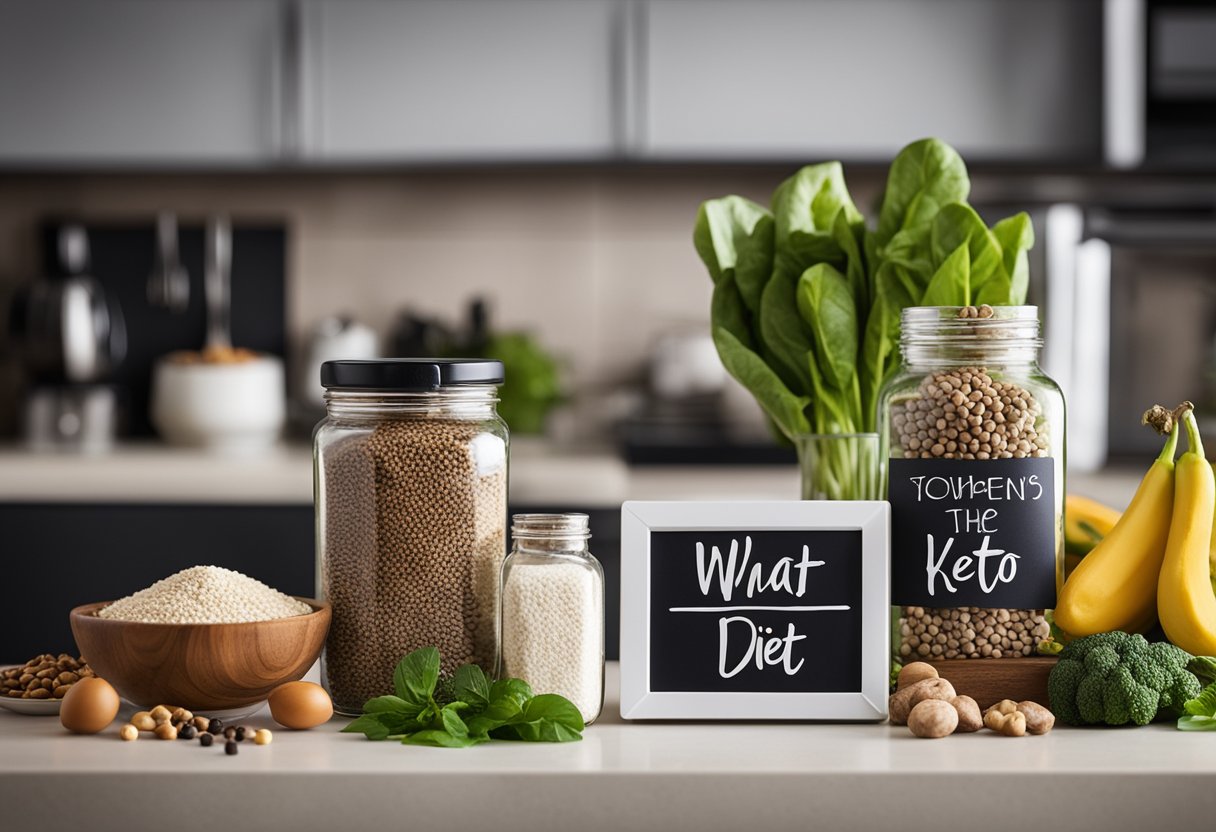 A kitchen counter with keto-friendly foods, including black pepper, and a sign reading "What Is the Keto Diet?" displayed prominently