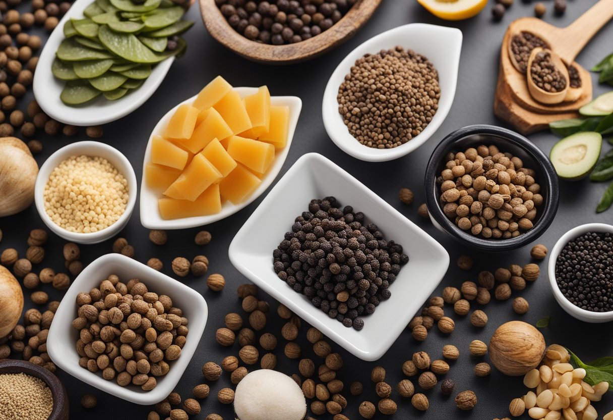 A pile of black pepper surrounded by keto-friendly food items, with a nutritional label showing low carb and high fat content