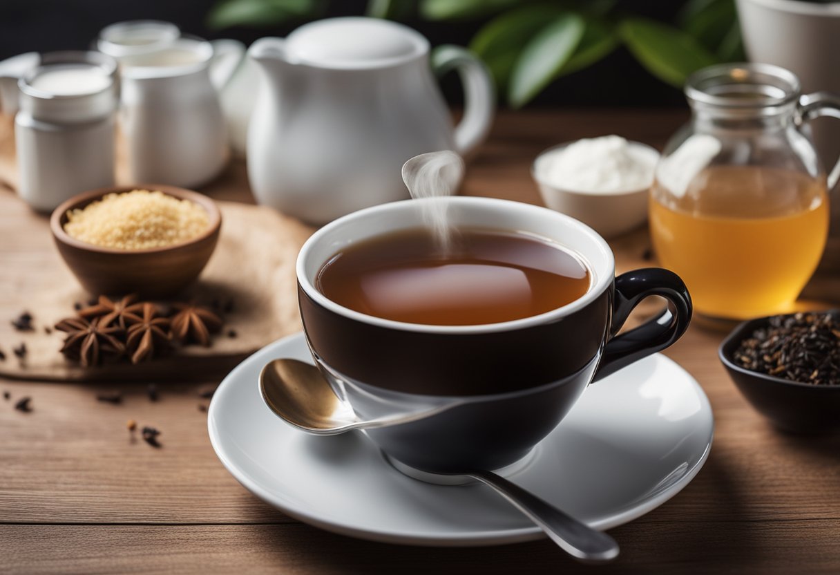 A steaming cup of black tea sits on a wooden table, surrounded by low-carb sweeteners and keto-friendly milk alternatives